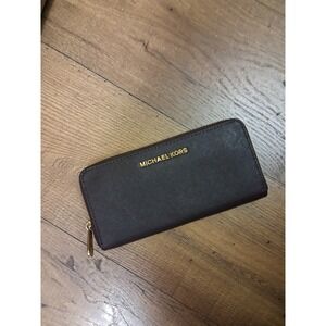 Michael Kors Zip Around Wallet Brown Saffiano Leather Gold Tone Logo